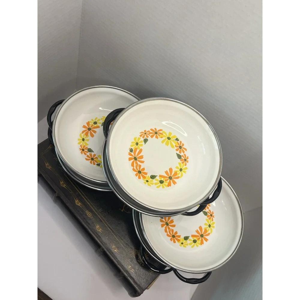 Vintage Ekco Country Garden Porcelain Enamel Pans‎ Set of 7 Italy Daisy Floral